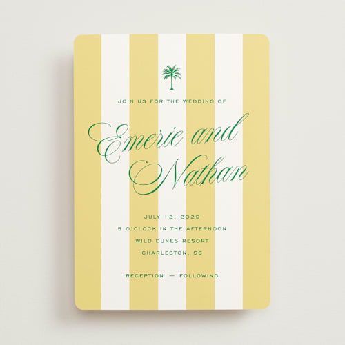 This is a limoncello wedding invitations with standard by Susan Zinader called island palm printing on signature in standard