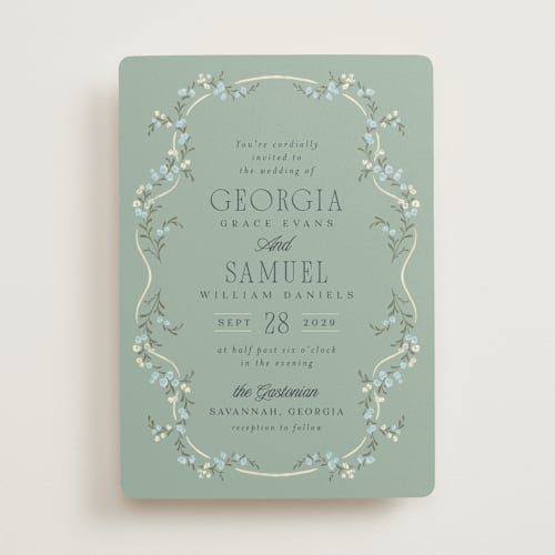 This is a buttermint wedding invitations with standard by Laura Hankins called trailing garden printing on signature in standard