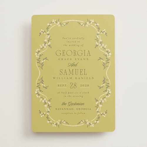 This is a limoncello wedding invitations with standard by Laura Hankins called trailing garden printing on signature in standard