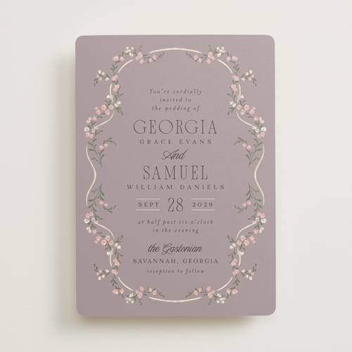 This is a lavender wedding invitations with standard by Laura Hankins called trailing garden printing on signature in standard