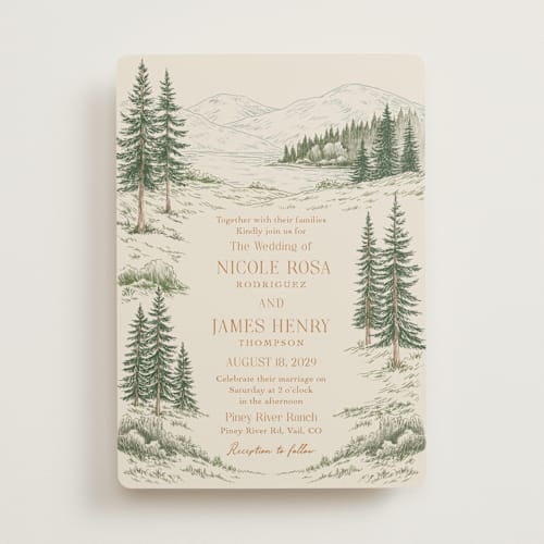 This is a forest wedding invitations with standard by Elly called whispering pines printing on signature in standard
