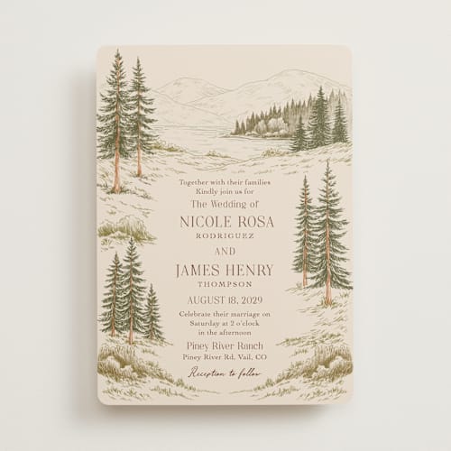 This is a cedar wedding invitations with standard by Elly called whispering pines printing on signature in standard