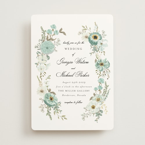 This is a seafoam wedding invitations with standard by Susan Moyal called cherished printing on signature in standard