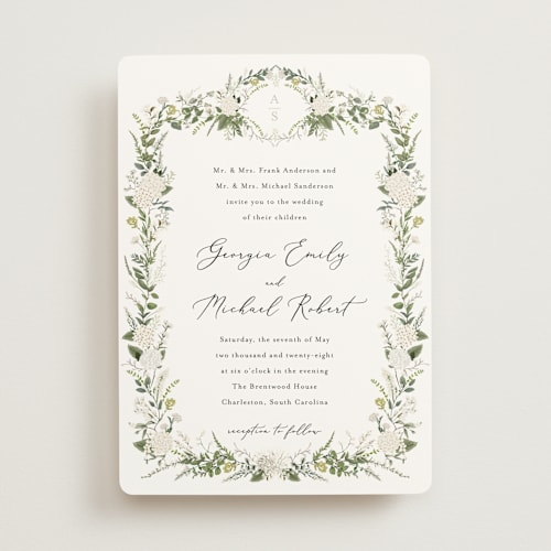 This is a porcelain wedding invitations with standard by Susan Moyal called hydrangea vine printing on signature in standard