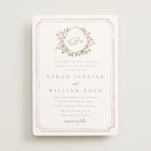 This is a rose quartz wedding invitations with standard by Everett Paper Goods called chelsea printing on signature in standard
