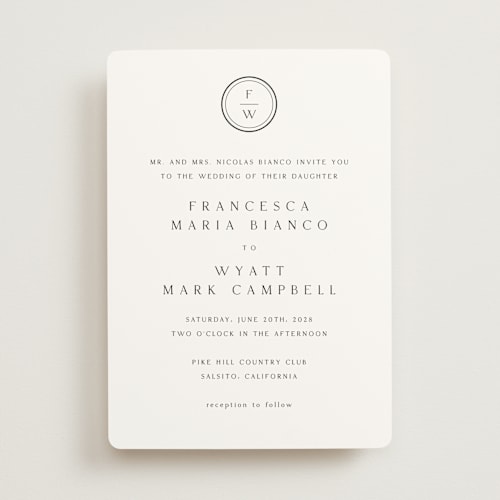 This is a cotton wedding invitations with standard by Stacey Meacham called circle monogram printing on signature in standard