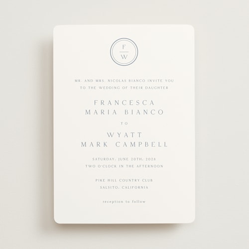 This is a dusty blue wedding invitations with standard by Stacey Meacham called circle monogram printing on signature in standard