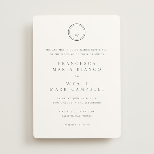 This is a forest wedding invitations with standard by Stacey Meacham called circle monogram printing on signature in standard