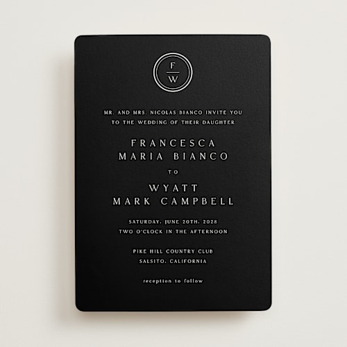 This is a ink wedding invitations with standard by Stacey Meacham called circle monogram printing on signature in standard