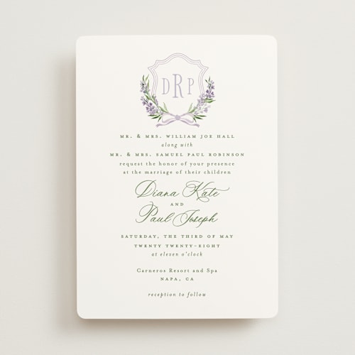 This is a hitachi wedding invitations with standard by Claudia Orengo called lavender printing on signature in standard