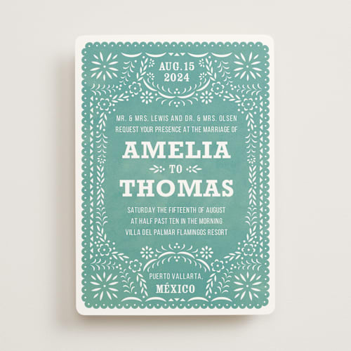 This is a lagoon wedding invitations with standard by root beer float called fiesta folk art printing on signature in standard