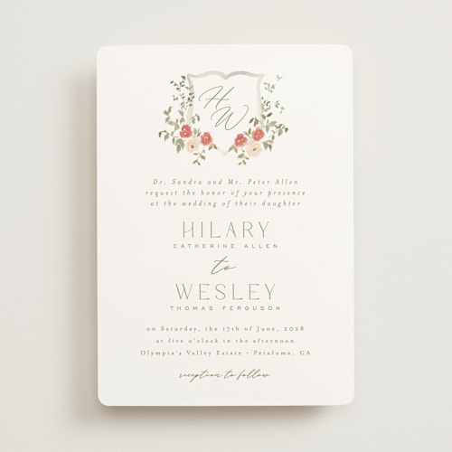 This is a pomegranate wedding invitations with standard by Everett Paper Goods called roses crest printing on signature in standard