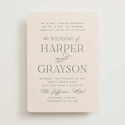 This is a creme wedding invitations with standard by Carly Reed Walker called tendu printing on signature in standard