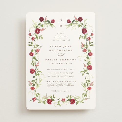 This is a cabernet wedding invitations with standard by Everett Paper Goods called wildflower trellis printing on signature in standard