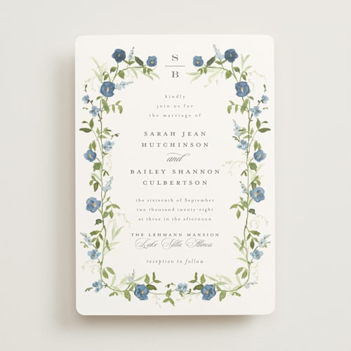 This is a sapphire wedding invitations with standard by Everett Paper Goods called wildflower trellis printing on signature in standard