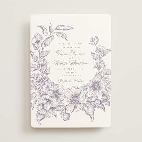 This is a lavender wedding invitations with standard by Leah Bisch called wreath in bloom printing on signature in standard