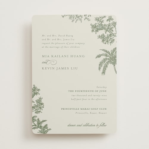 This is a jungle wedding invitations with standard by Jenna Holcomb called vintage tropics printing on signature in standard
