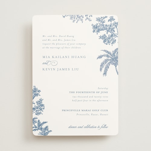 This is a sea wedding invitations with standard by Jenna Holcomb called vintage tropics printing on signature in standard