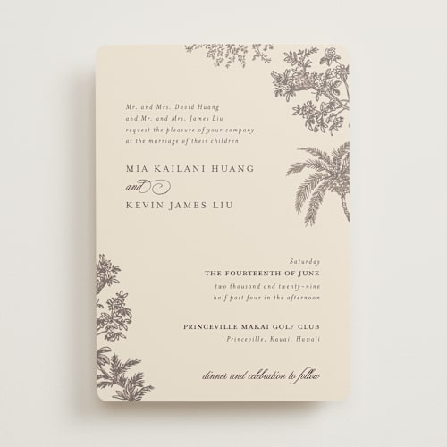 This is a espresso wedding invitations with standard by Jenna Holcomb called vintage tropics printing on signature in standard
