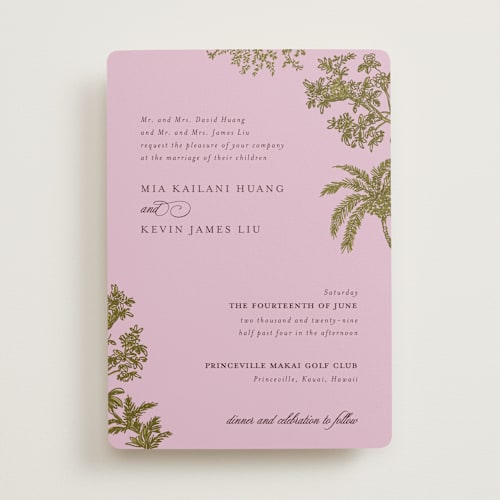 This is a orchid wedding invitations with standard by Jenna Holcomb called vintage tropics printing on signature in standard
