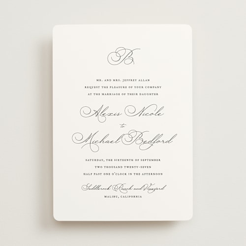 This is a pearl wedding invitations with standard by Jennifer Postorino called initial printing on signature in standard