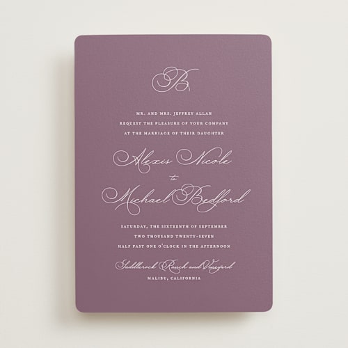 This is a lavender breeze wedding invitations with standard by Jennifer Postorino called initial printing on signature in standard