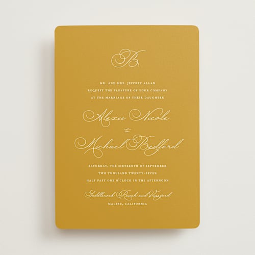This is a mustard wedding invitations with standard by Jennifer Postorino called initial printing on signature in standard
