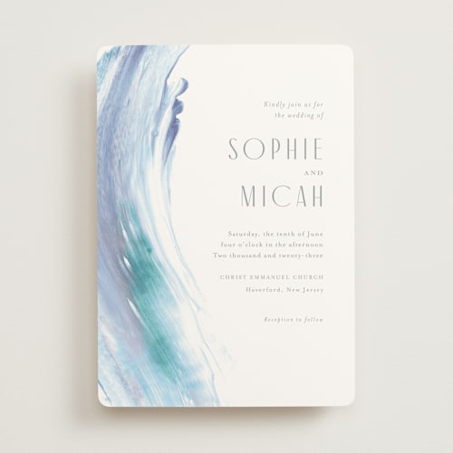 This is a lagoon wedding invitations with standard by Jennifer Wick called apogean tide printing on signature in standard