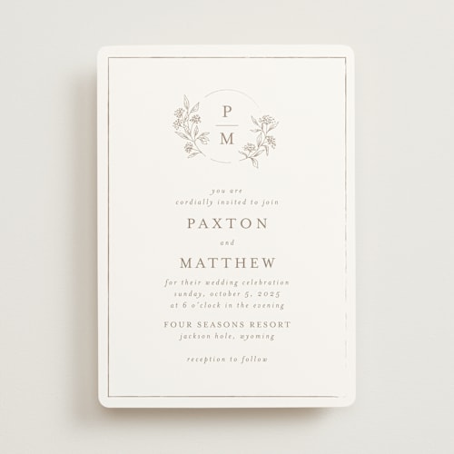 This is a taupe wedding invitations with standard by Chris Griffith called monogrammed printing on signature in standard