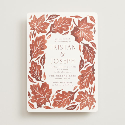 This is a copper wedding invitations with standard by Katharine Watson called watercolor fallen leaves printing on signature in standard