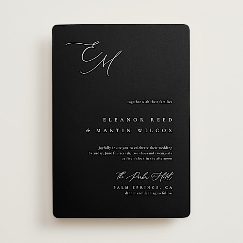 This is a midnight wedding invitations with standard by Kelly Schmidt called corner printing on signature in standard