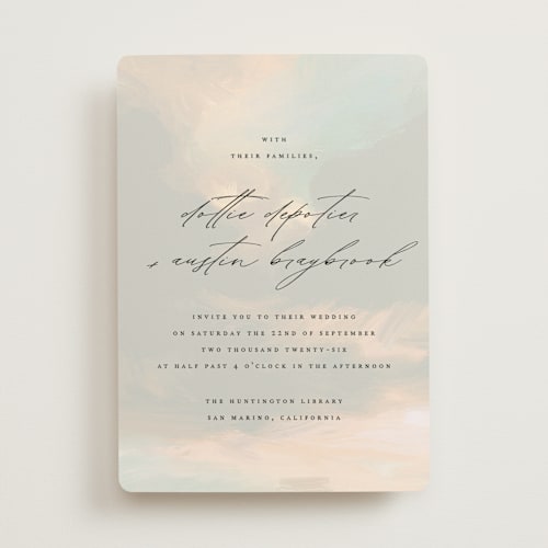 This is a dove wedding invitations with standard by Olivia Kanaley Inman called daybreak printing on signature in standard