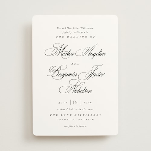 This is a silk wedding invitations with standard by Kelly Schmidt called chic script printing on signature in standard