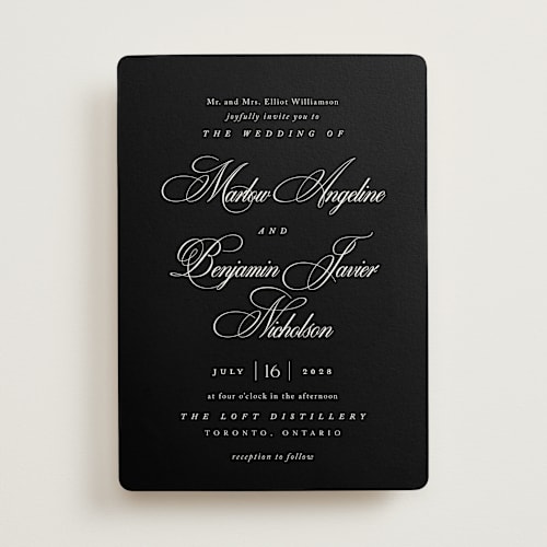 This is a midnight wedding invitations with standard by Kelly Schmidt called chic script printing on signature in standard