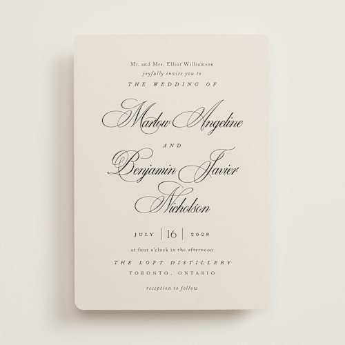 This is a linen wedding invitations with standard by Kelly Schmidt called chic script printing on signature in standard