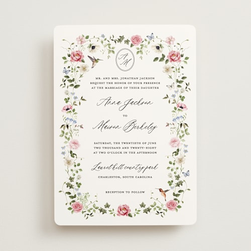This is a peony wedding invitations with standard by Sarah Knight called ornate printing on signature in standard