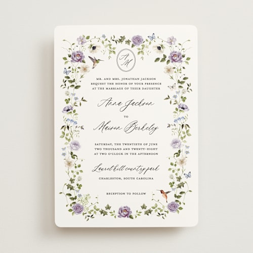 This is a wisteria wedding invitations with standard by Sarah Knight called ornate printing on signature in standard