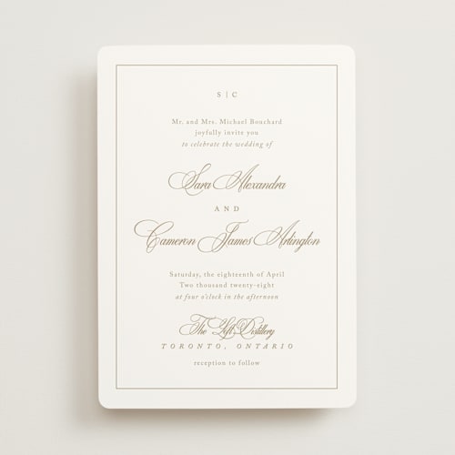 This is a golden wedding invitations with standard by Kelly Schmidt called greenwood printing on signature in standard