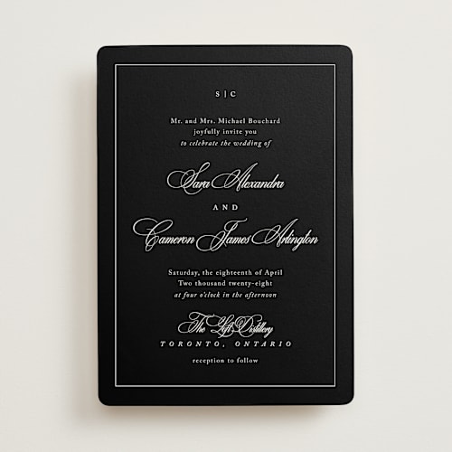This is a midnight wedding invitations with standard by Kelly Schmidt called greenwood printing on signature in standard