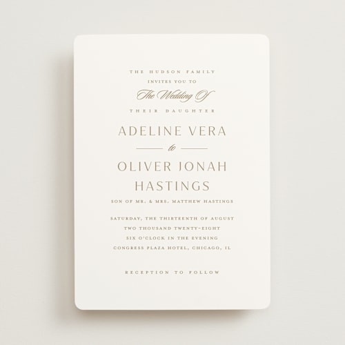 This is a golden wedding invitations with standard by Stacey Meacham called classic decorum printing on signature in standard