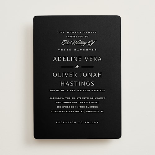 This is a evening wedding invitations with standard by Stacey Meacham called classic decorum printing on signature in standard