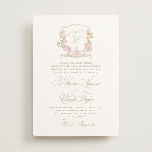 This is a rosebud wedding invitations with standard by Creo Study called coastal crest printing on signature in standard