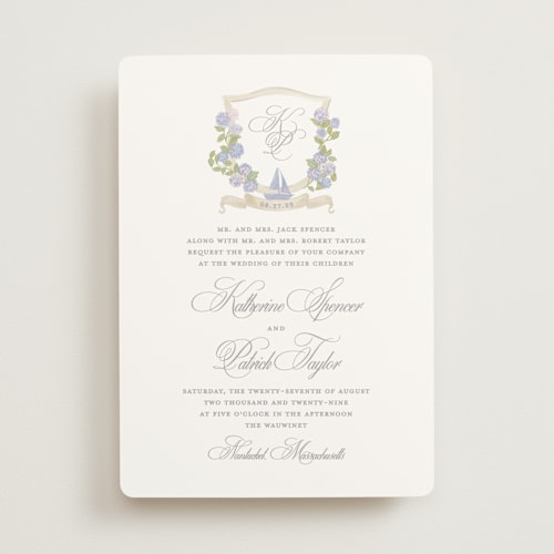 This is a lavender wedding invitations with standard by Creo Study called coastal crest printing on signature in standard