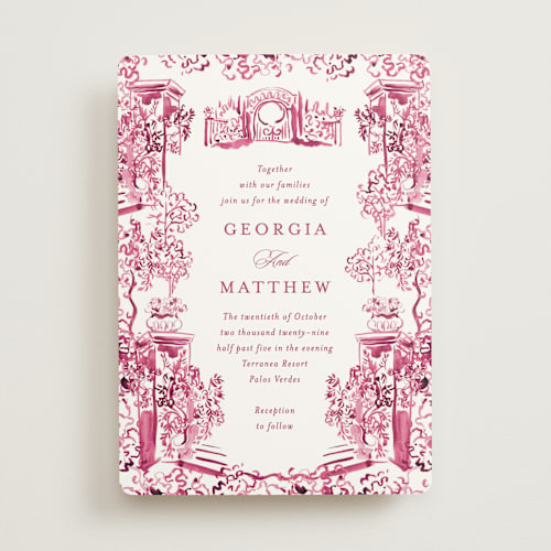 This is a fuchsia wedding invitations with standard by Becky Nimoy called gates and pillars printing on signature in standard