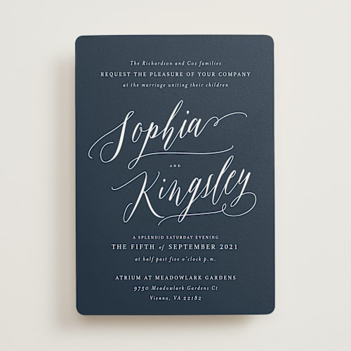 This is a sailor blue wedding invitations with standard by Design Lotus called nothing compares to you printing on signature in standard