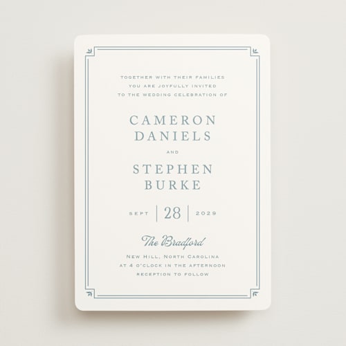 This is a french blue wedding invitations with standard by Carolyn MacLaren called fleur corner printing on signature in standard