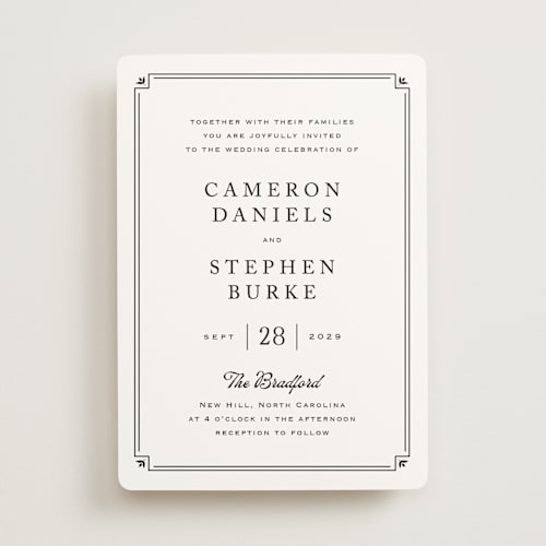 This is a tuxedo wedding invitations with standard by Carolyn MacLaren called fleur corner printing on signature in standard
