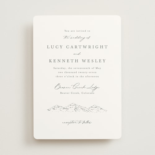 This is a pewter wedding invitations with standard by Sarah Brown called mountainview printing on signature in standard