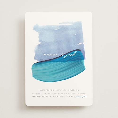 This is a wave wedding invitations with standard by kelli hall called marine printing on signature in standard