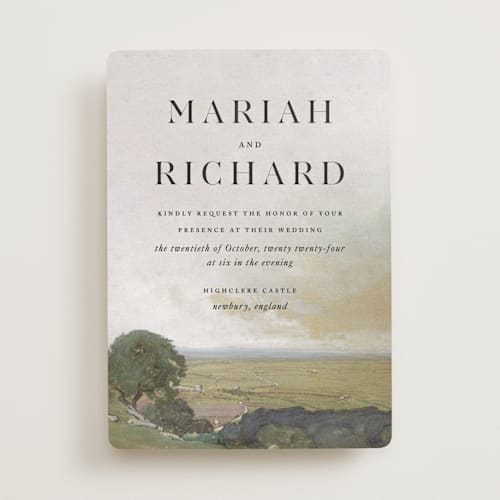 This is a moss wedding invitations with standard by Olivia Kanaley Inman called roman landscape printing on signature in standard